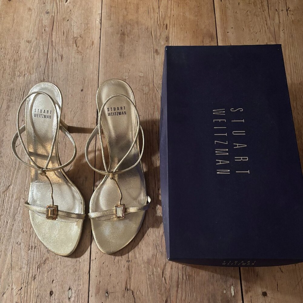 Stuart Weitzman Tbar Gold Strappy Sandals